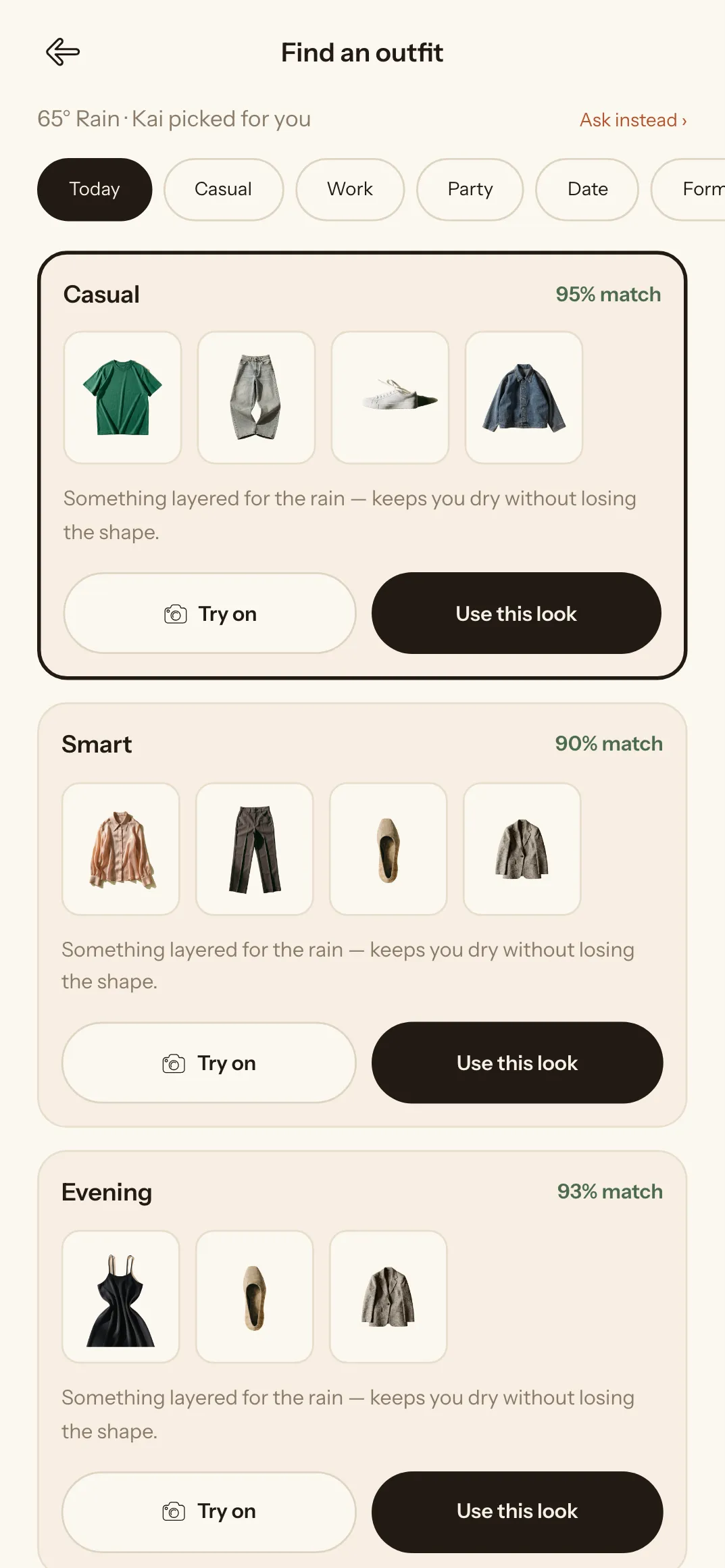 Suggested looks with a match percentage