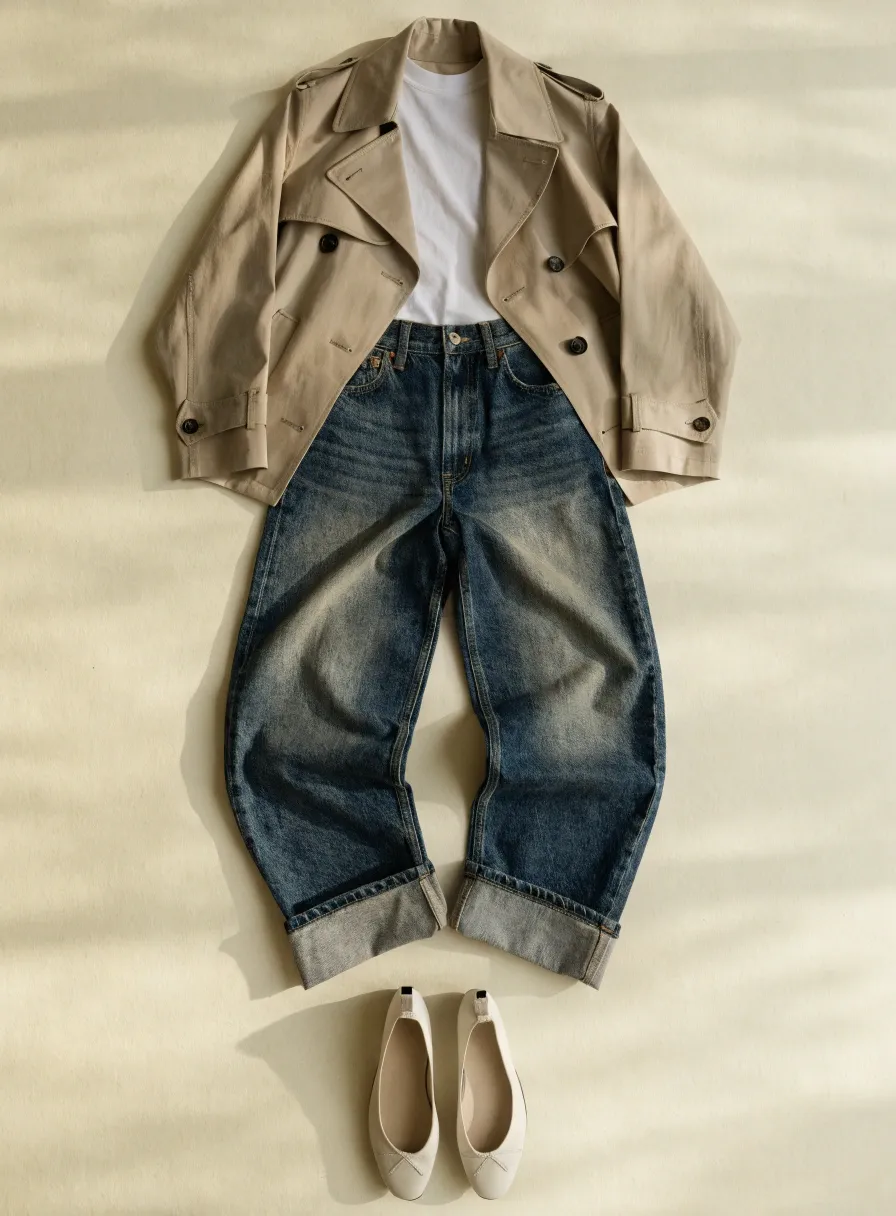 A trench coat, white tee, wide-leg jeans and ballet flats laid out on sand-coloured cloth