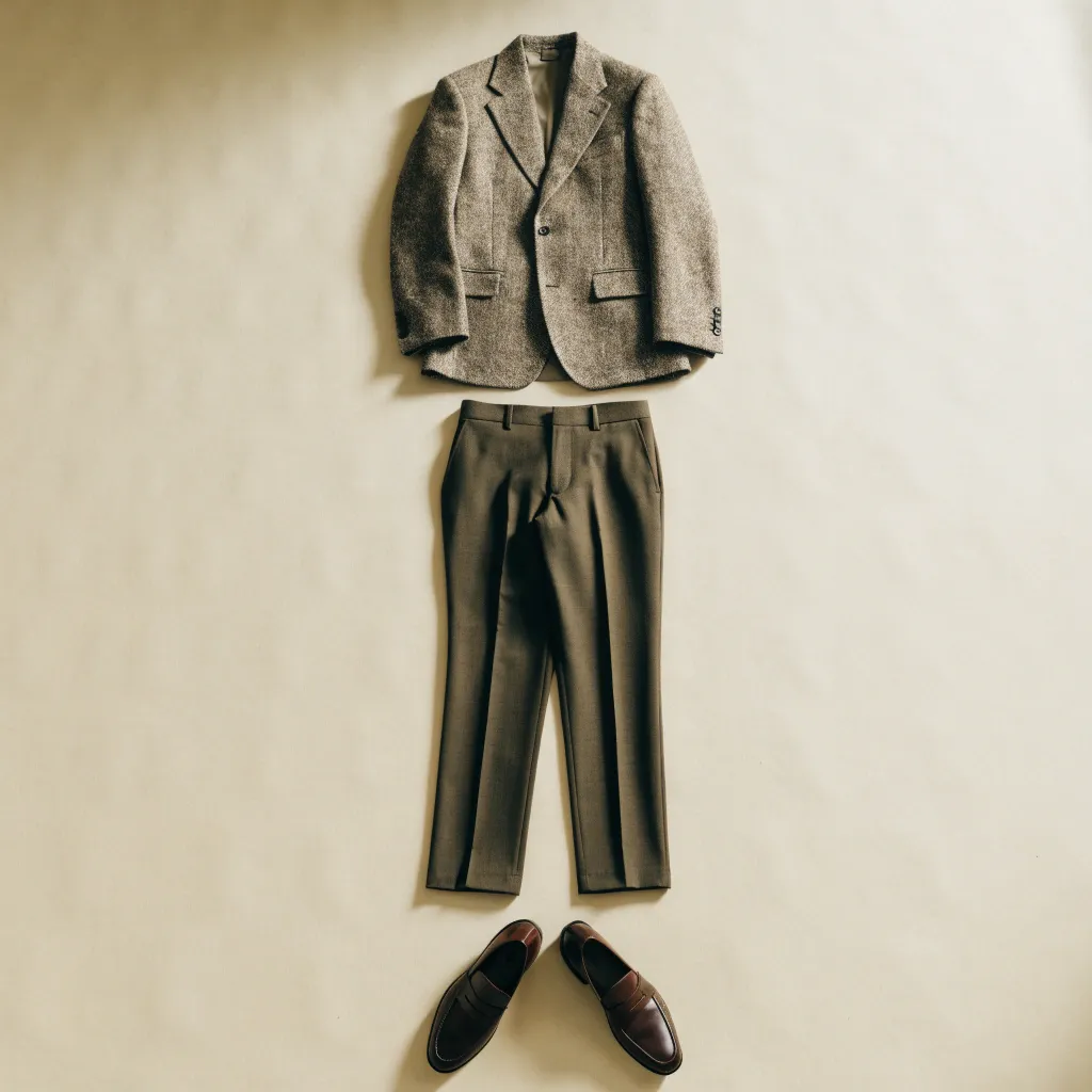 A tweed blazer, espresso trousers and brown loafers laid out on cloth